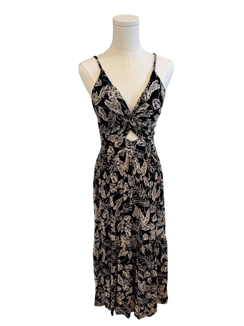Angie Black & White Floral Twist-Front Midi Dress with Cutout